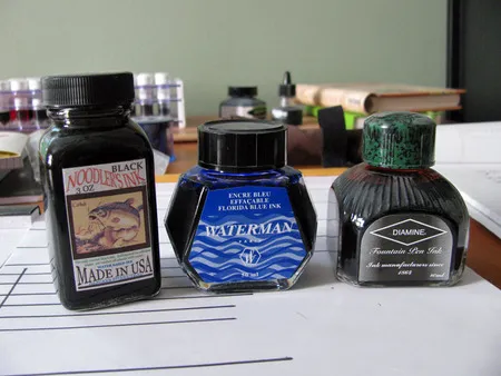 From the left: Noodler&#x27;s Black, Waterman Florida Blue, Diamine Monaco Red